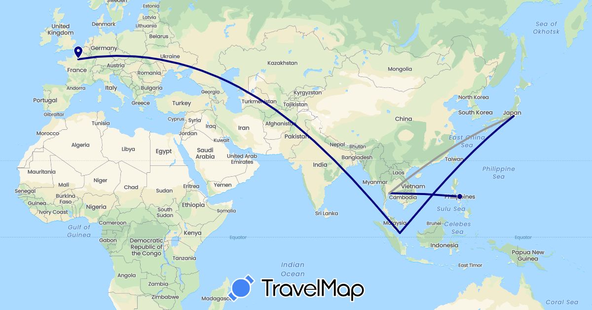 TravelMap itinerary: driving, plane in France, Japan, Philippines, Singapore, Thailand (Asia, Europe)